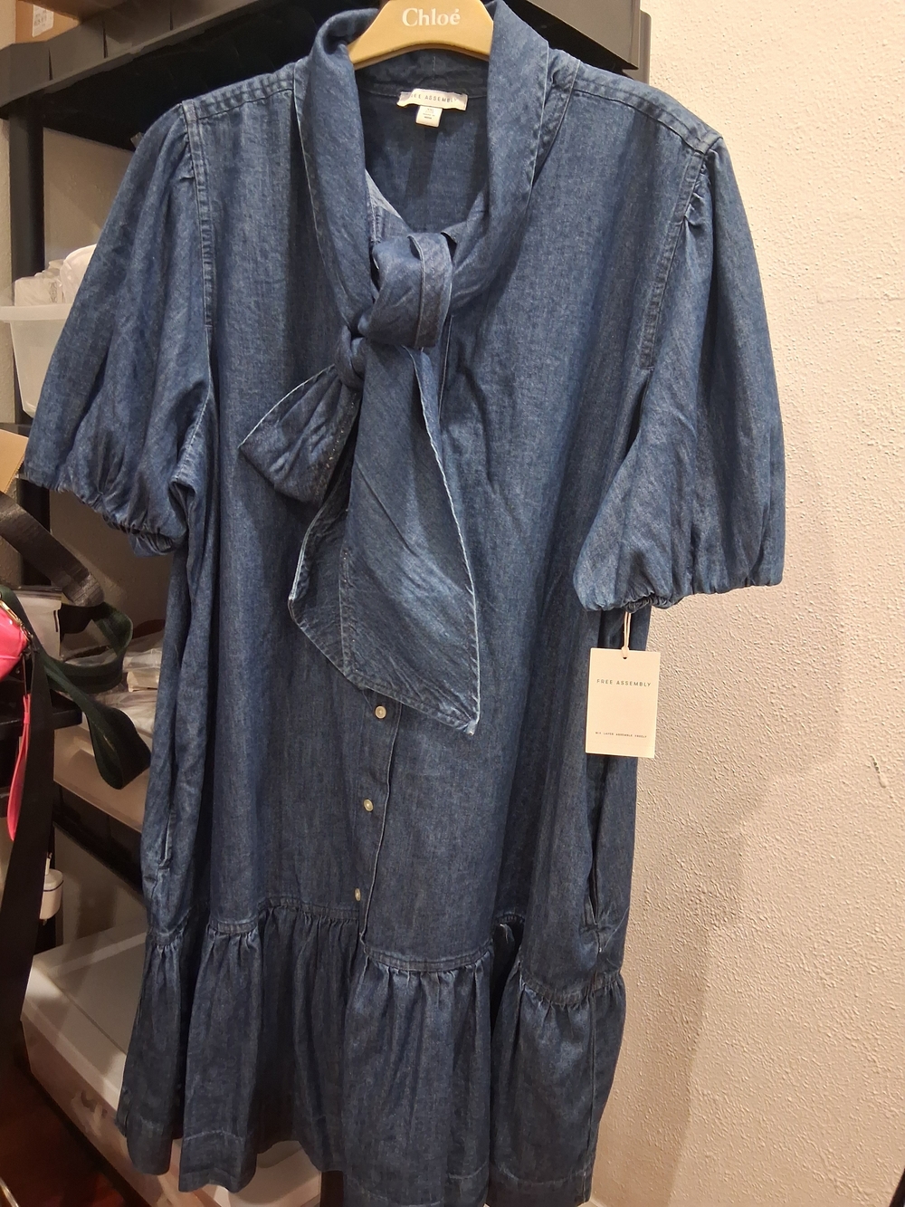 Women's Blue Denim Tie-Neck Casual Dress - Picture 3 of 8